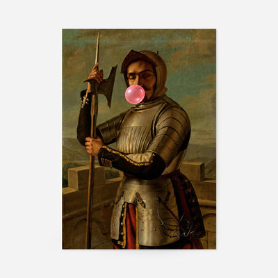 Knight blowing bubblegum print: armoured guard with halberd blowing a pink bubble in a classic painting style