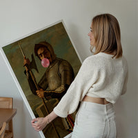 Bubblegum Knight portrait print hung on a living room wall as a funny armour wall art focal point