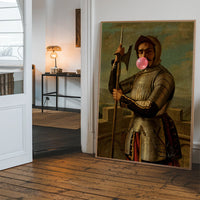Framed bubblegum blowing knight portrait displayed in a hallway as a quirky entrance statement