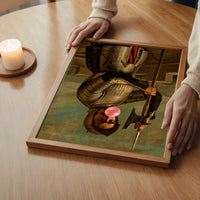 The print of a knight blowing pink bubblegum above a bedroom bed, adding a witty twist
