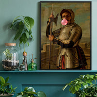 Knight blowing bubblegum print on a home office wall for a playful, characterful workspace