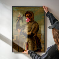 Bubblegum blowing knight portrait print in a kitchen, bringing humour to a everyday space