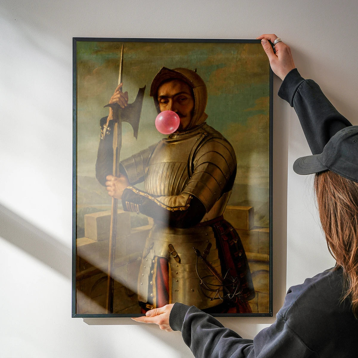 Bubblegum blowing knight portrait print in a kitchen, bringing humour to a everyday space