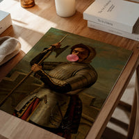 Framed Bubblegum Knight portrait in a dining room, a conversation-starting altered art piece