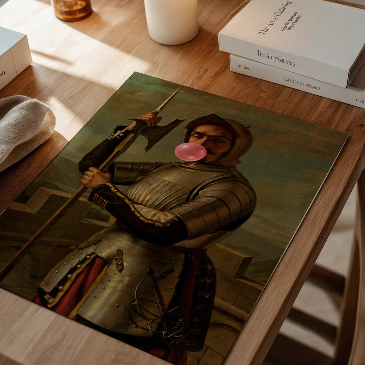 Framed Bubblegum Knight portrait in a dining room, a conversation-starting altered art piece
