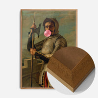 bubblegum blowing knight portrait print in an oak wood frame, side profile