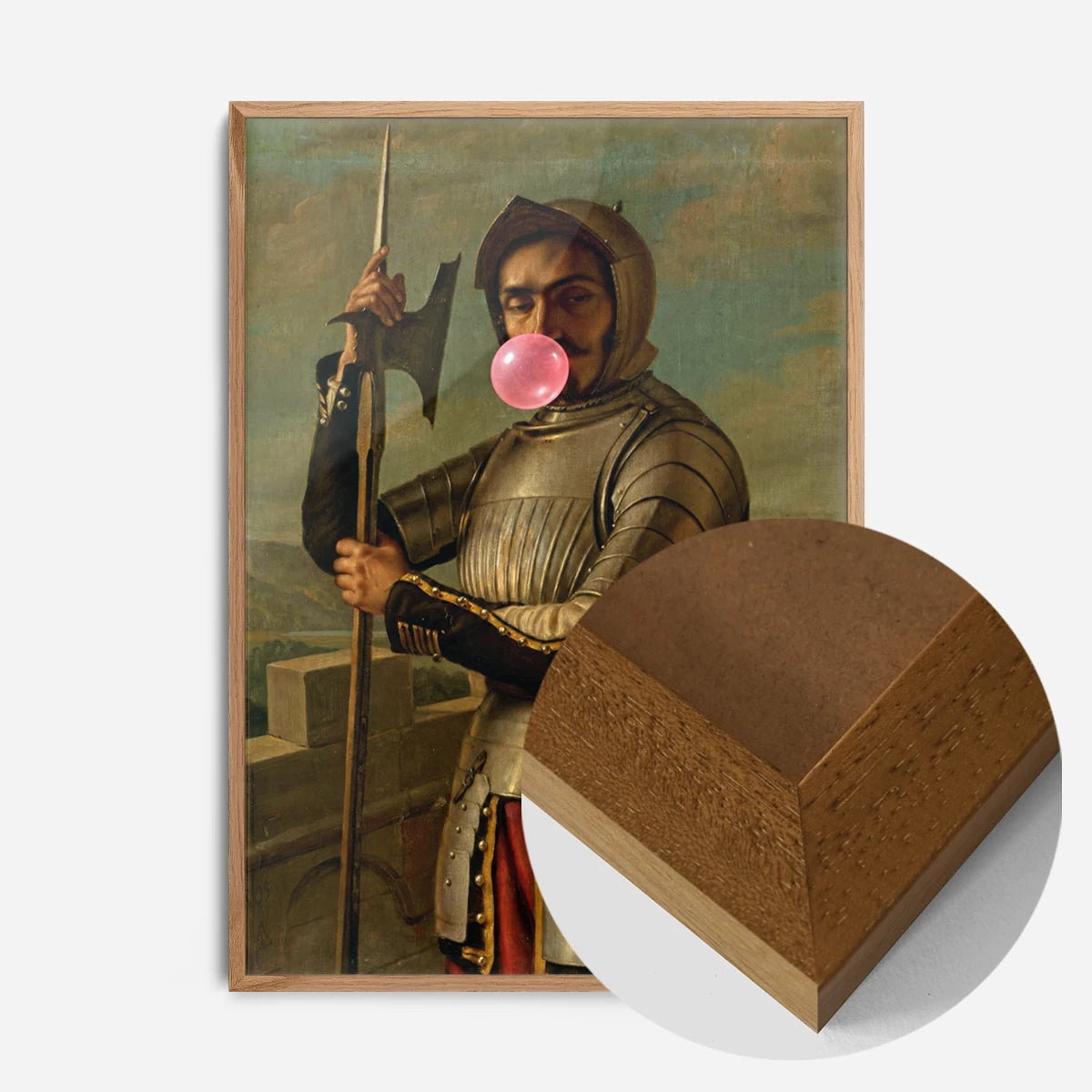 bubblegum blowing knight portrait print in an oak wood frame, side profile