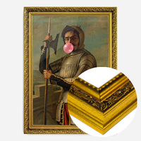 bubblegum blowing knight portrait print in a gold ornate frame, side profile