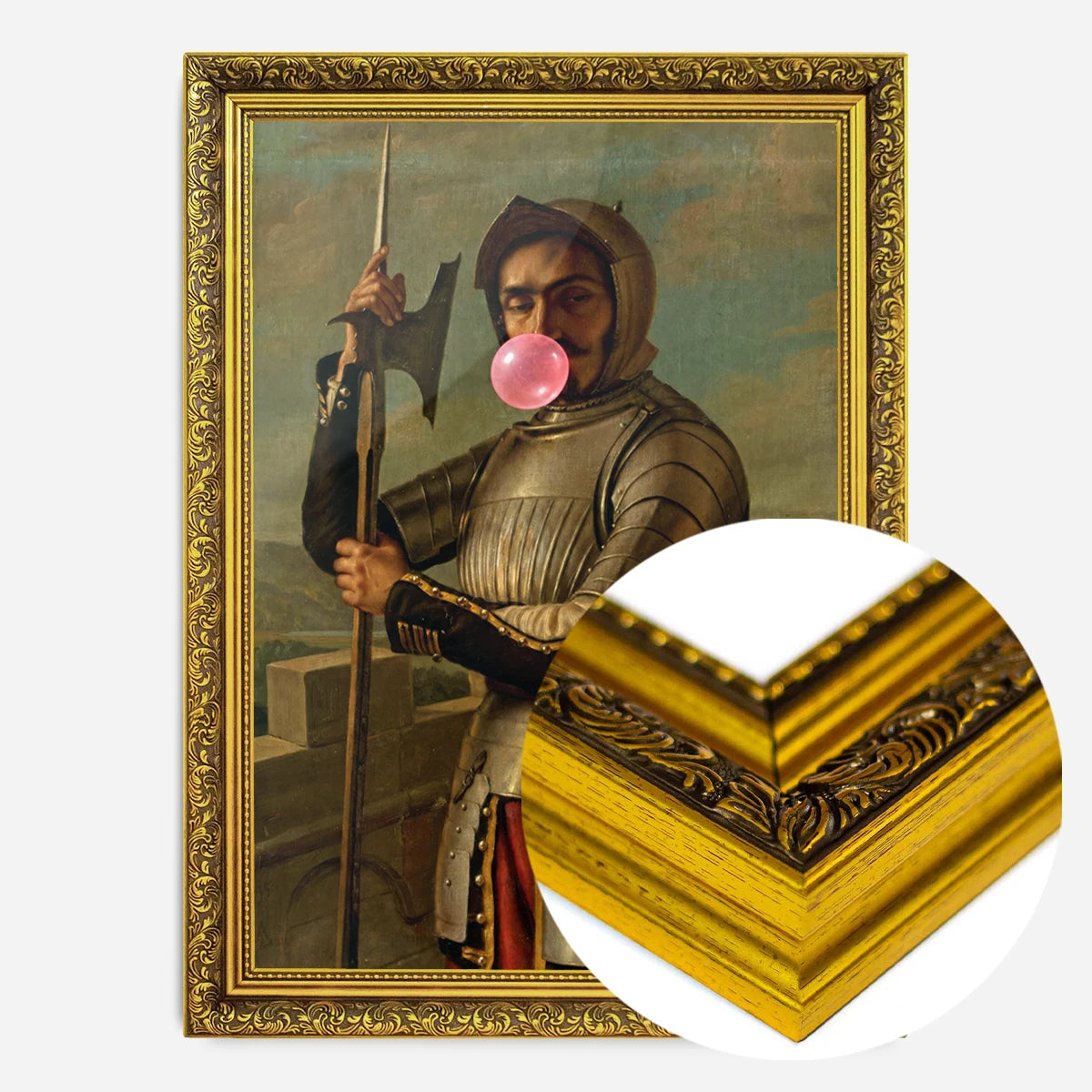 bubblegum blowing knight portrait print in a gold ornate frame, side profile