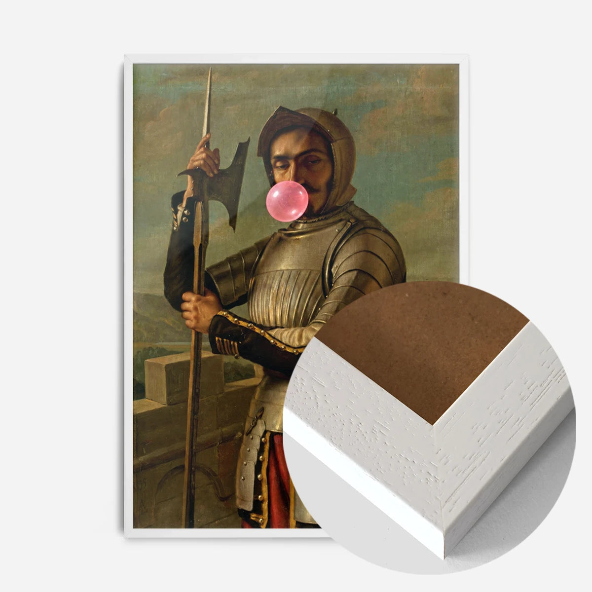 bubblegum blowing knight portrait print in a white wood frame, side profile