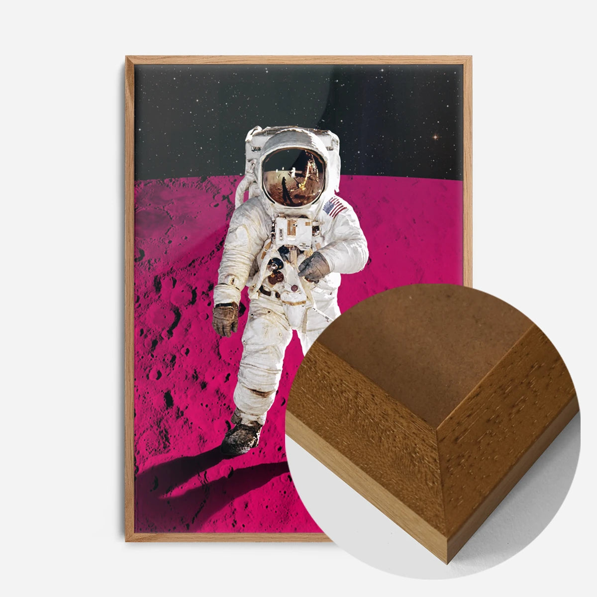 astronaut on pink moon print in an oak wood frame, side profile