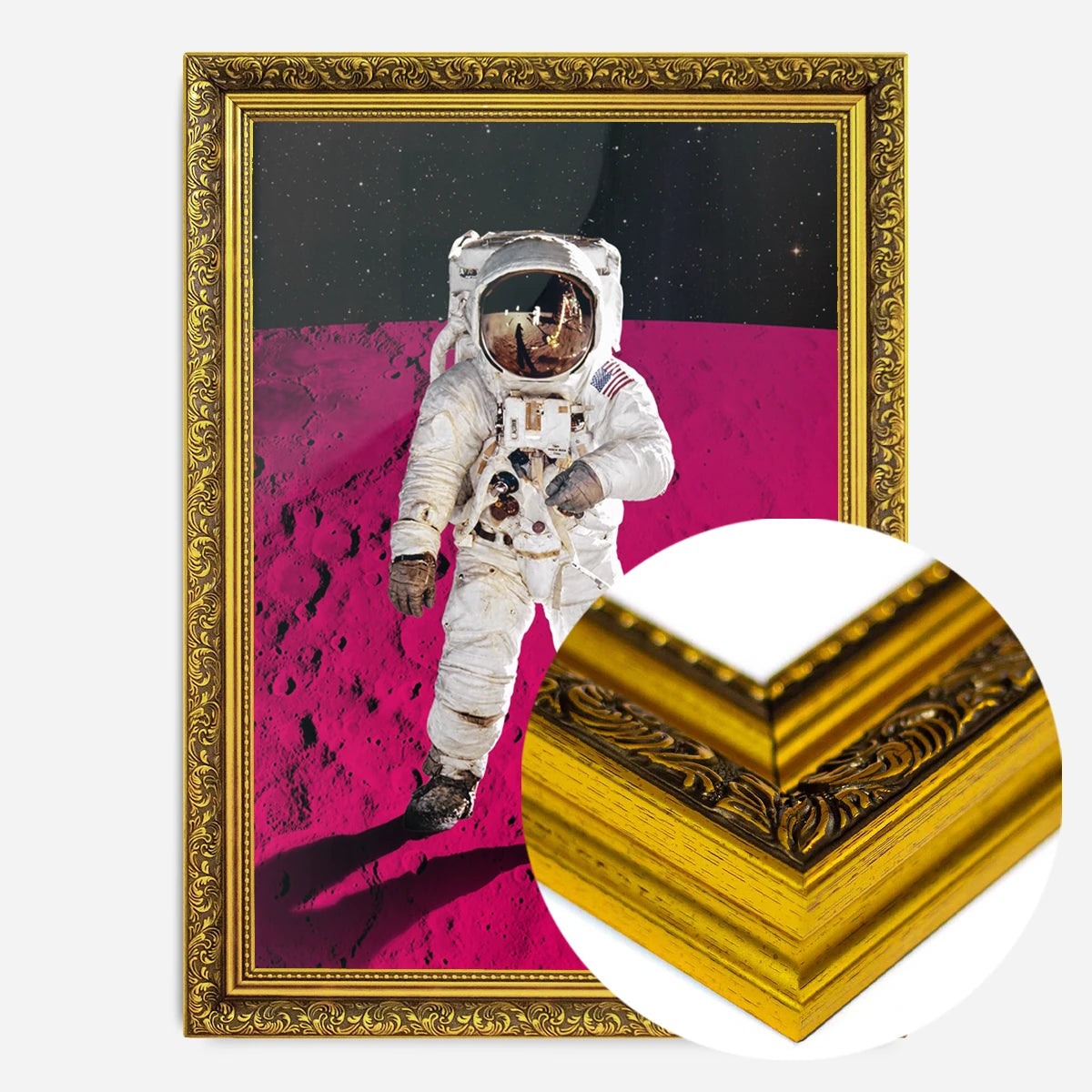 astronaut on pink moon print in a gold ornate frame, side profile