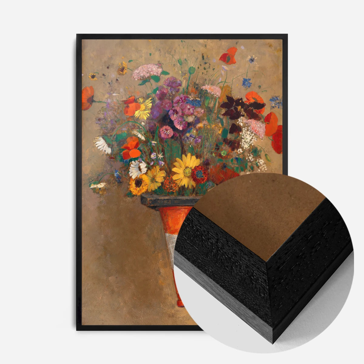 wildflowers in traffic cone print in a black wood frame, side profile