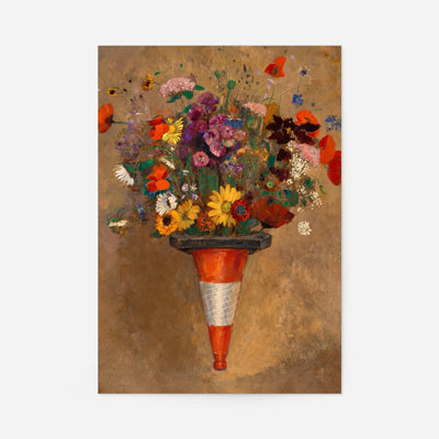 Traffic Cone Bouquet art print: painterly wildflower still life in an orange and white traffic cone on ochre background