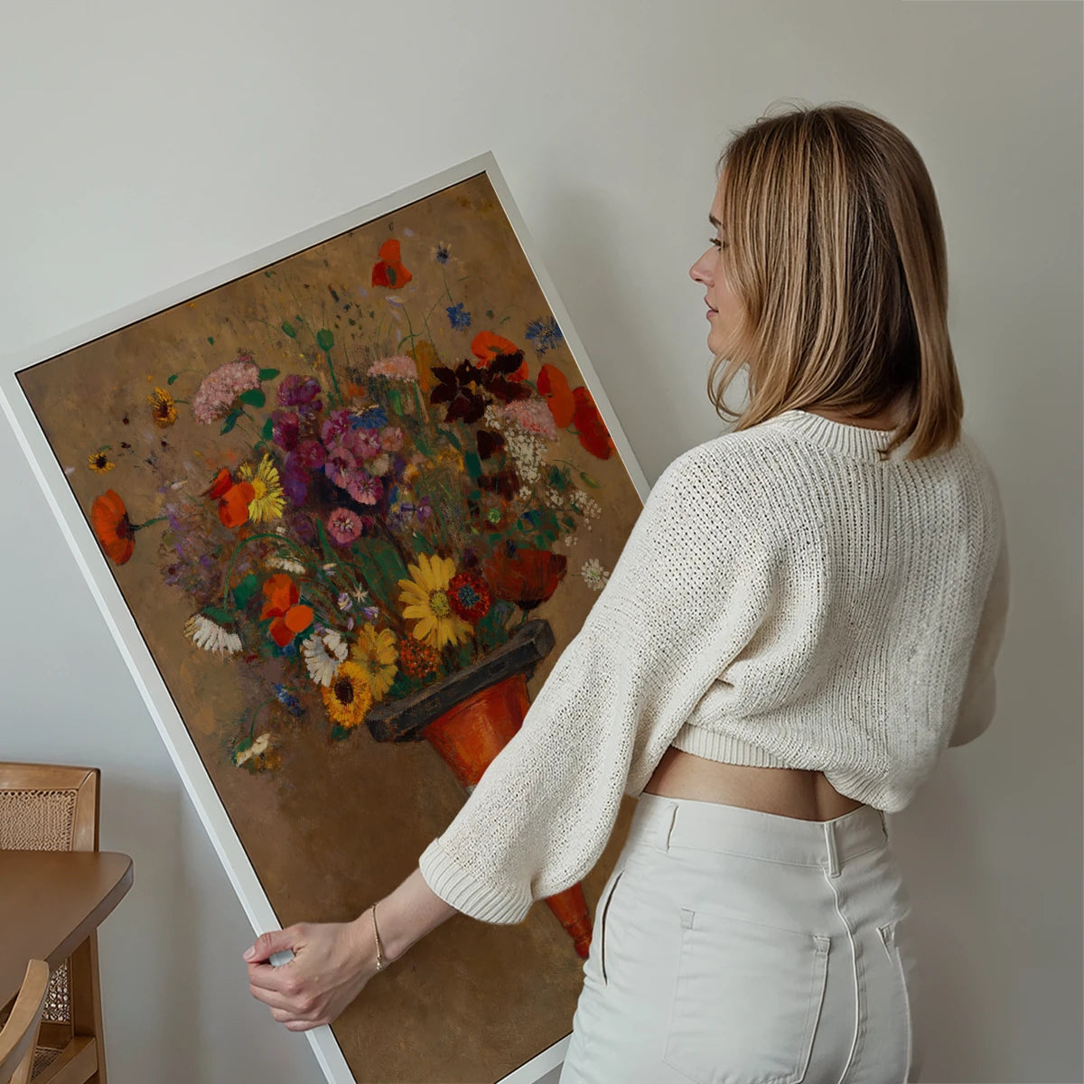 Traffic Cone Bouquet art print displayed on a living room wall, colourful wildflower still life