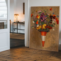 Wildflowers in traffic cone print hung in a hallway, portrait floral artwork