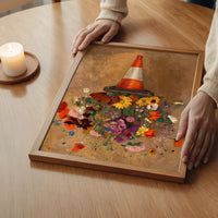 Quirky floral still life print on a bedroom wall, warm ochre painted wildflowers