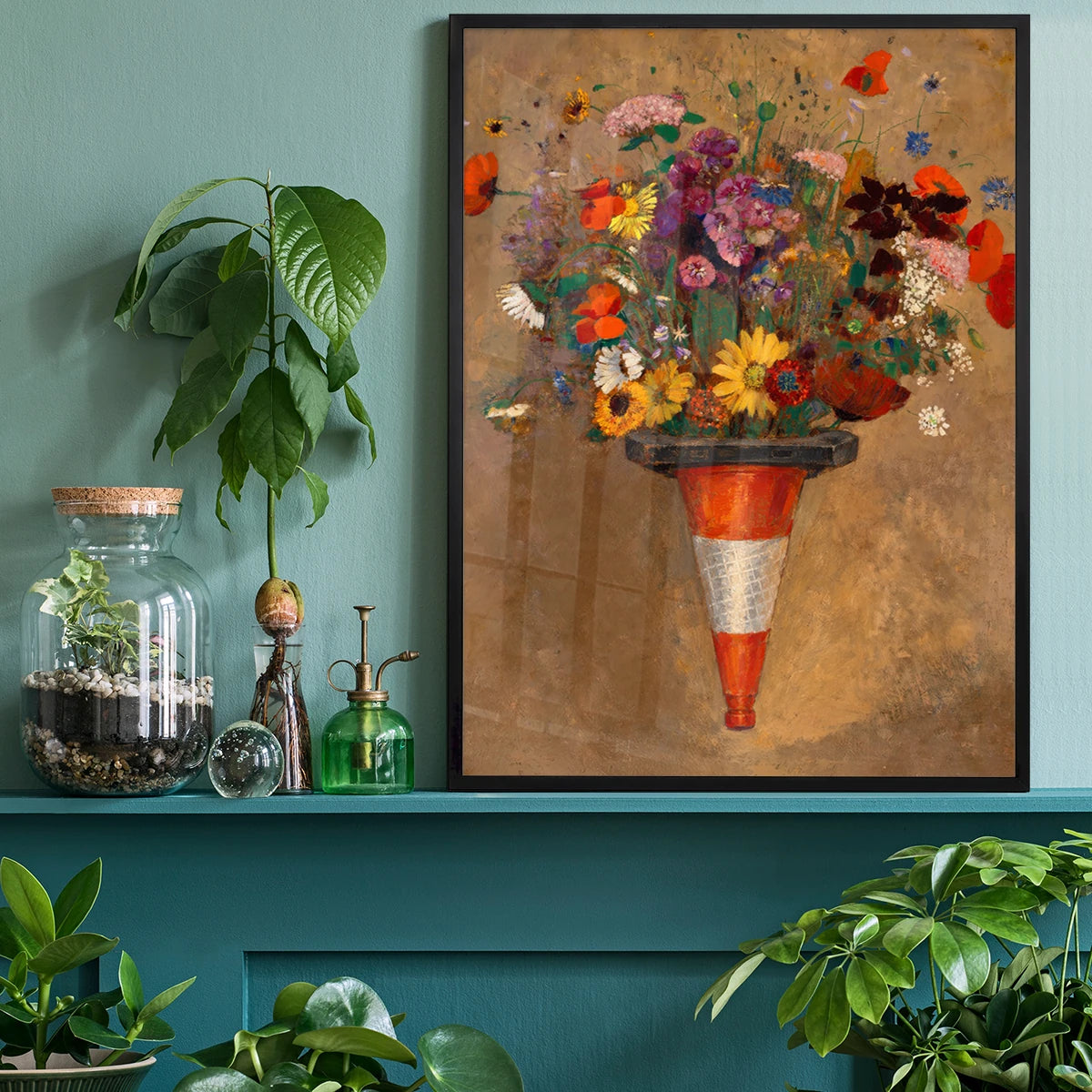 Portrait wildflower bouquet print in a home office, poppies and daisies in a cone vase
