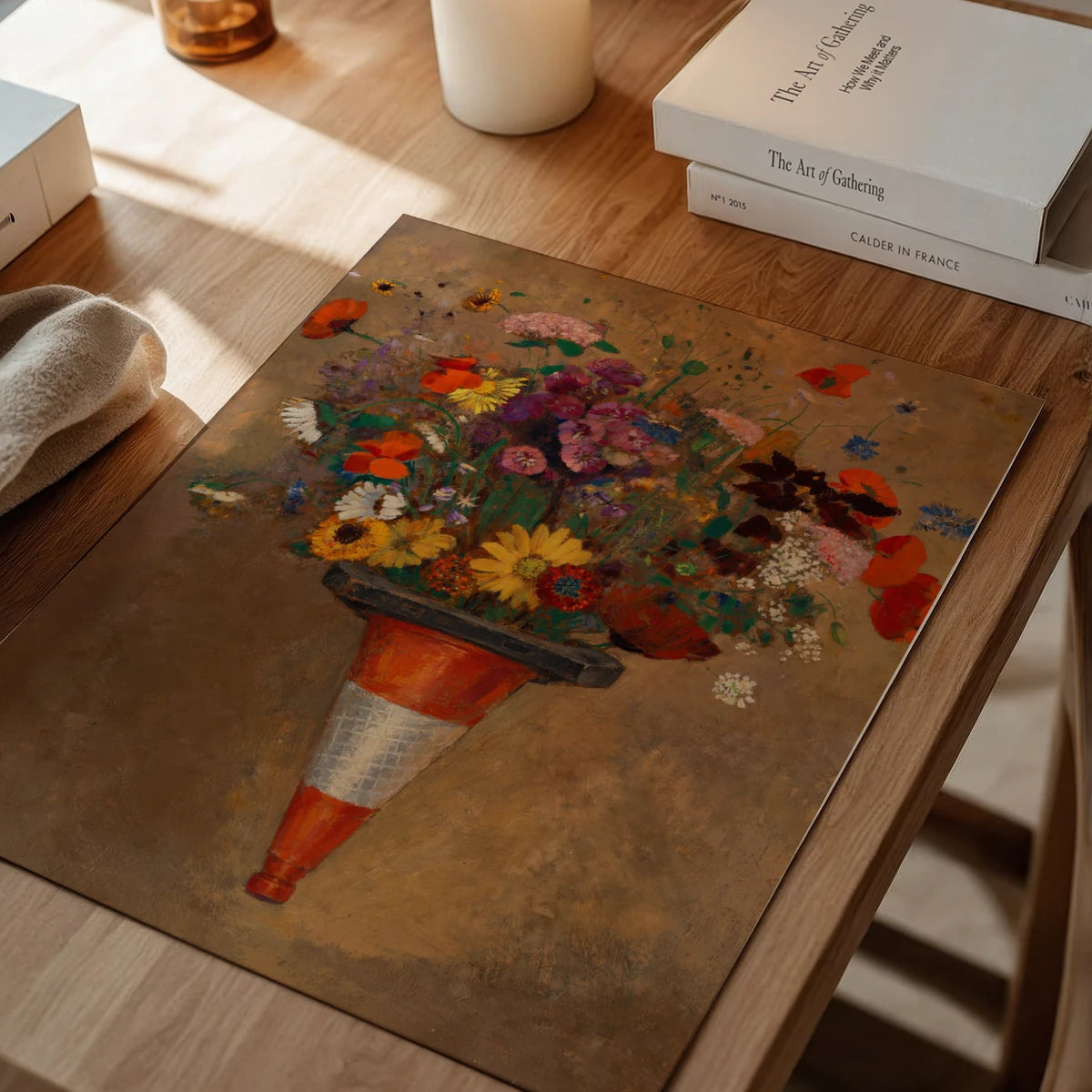 Traffic Cone Bouquet print on a dining room wall, expressive floral still life in warm tones