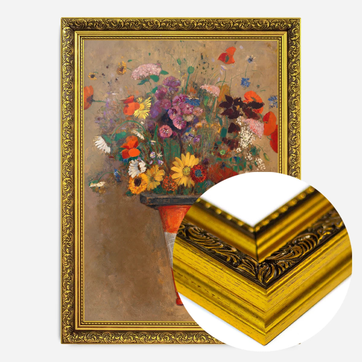 wildflowers in traffic cone print in a gold ornate frame, side profile