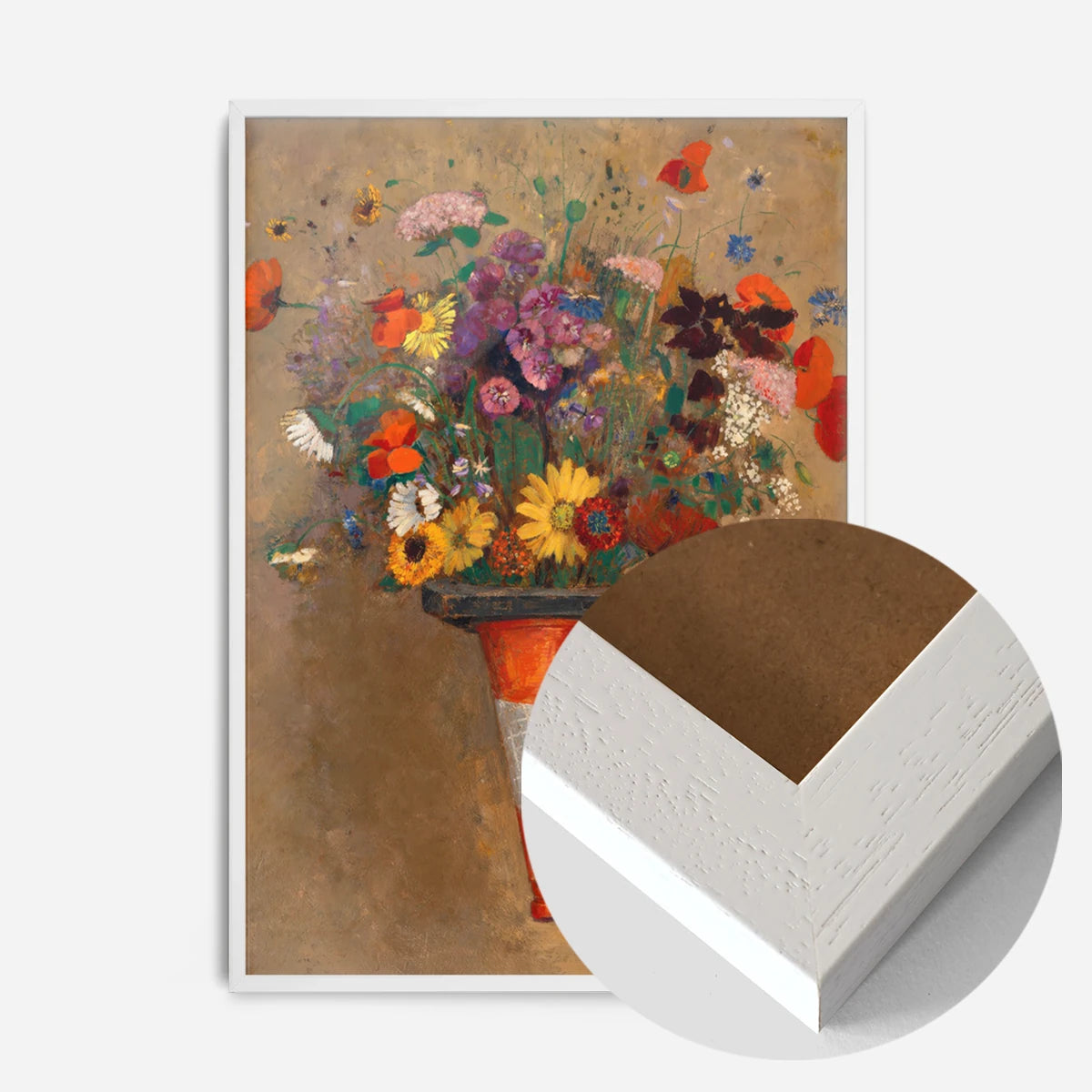 wildflowers in traffic cone print in a white wood frame, side profile