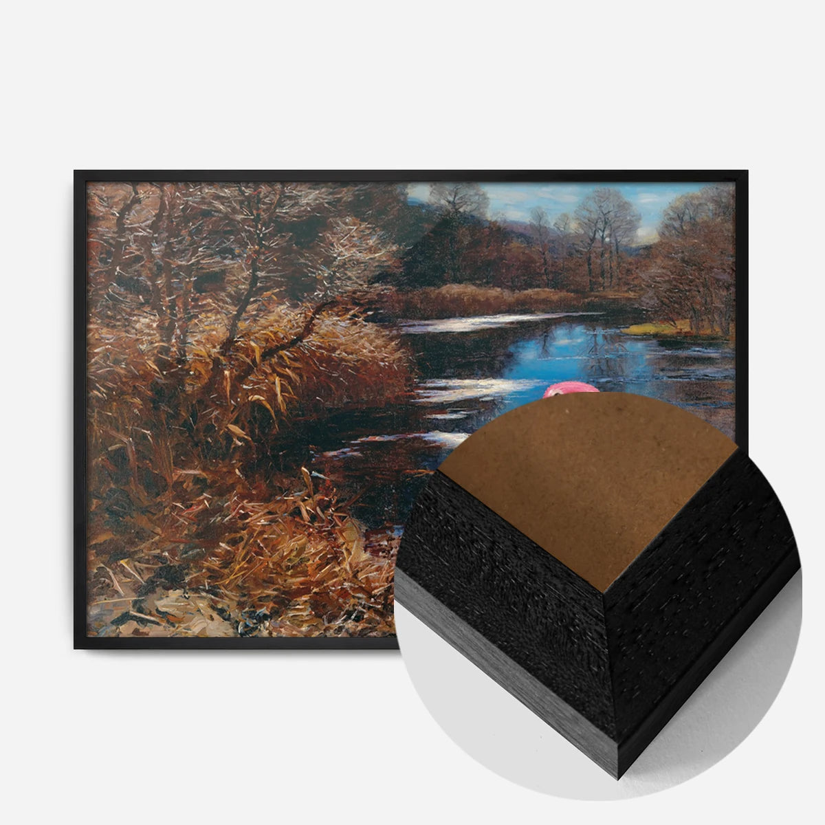 inflatable swan river landscape print in a black wood frame, side profile