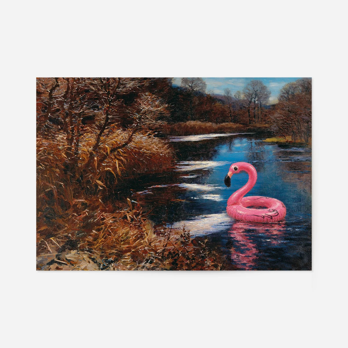 Inflatable swan art print: pink flamingo float on a still autumn river in a classic painted landscape