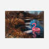 Inflatable swan art print: pink flamingo float on a still autumn river in a classic painted landscape