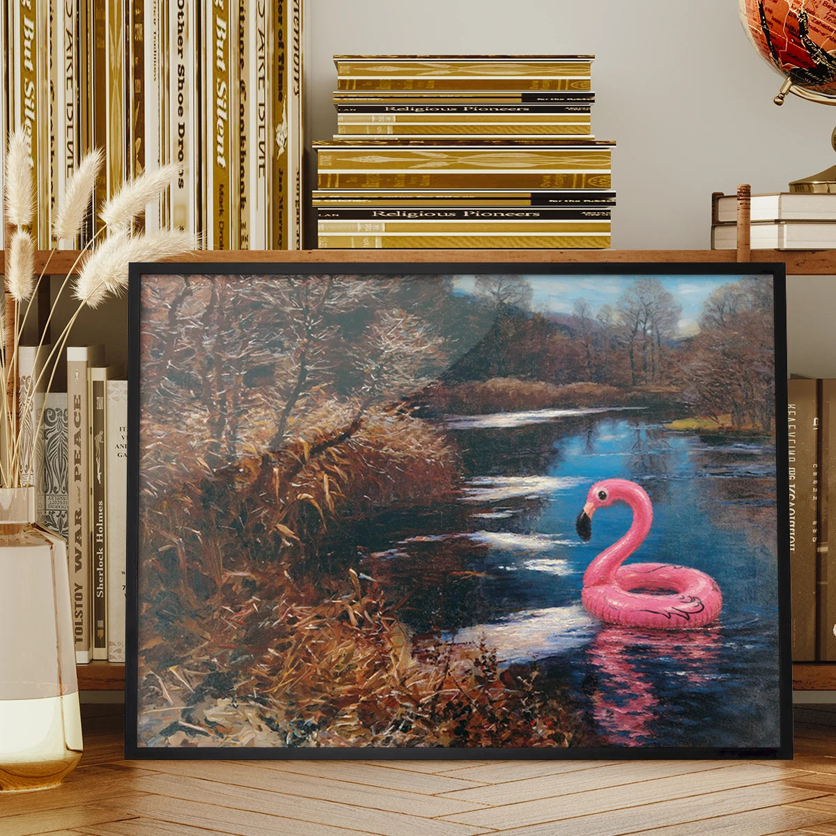 Inflatable swan art print displayed on a living room wall as a quirky focal point