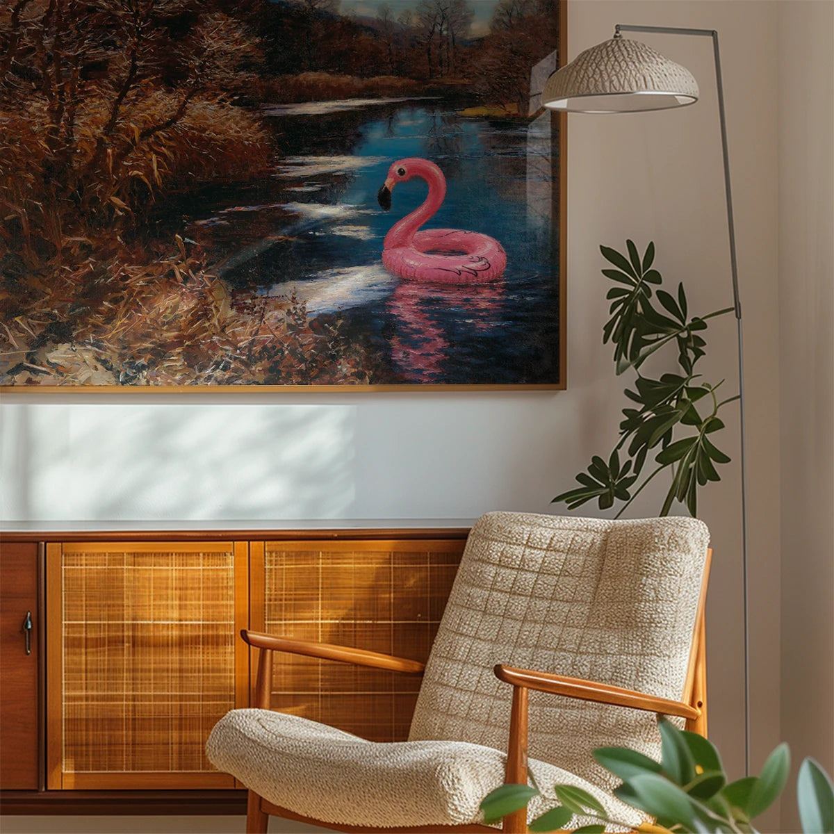 The print in a calm bedroom, autumn river scene with a pink float