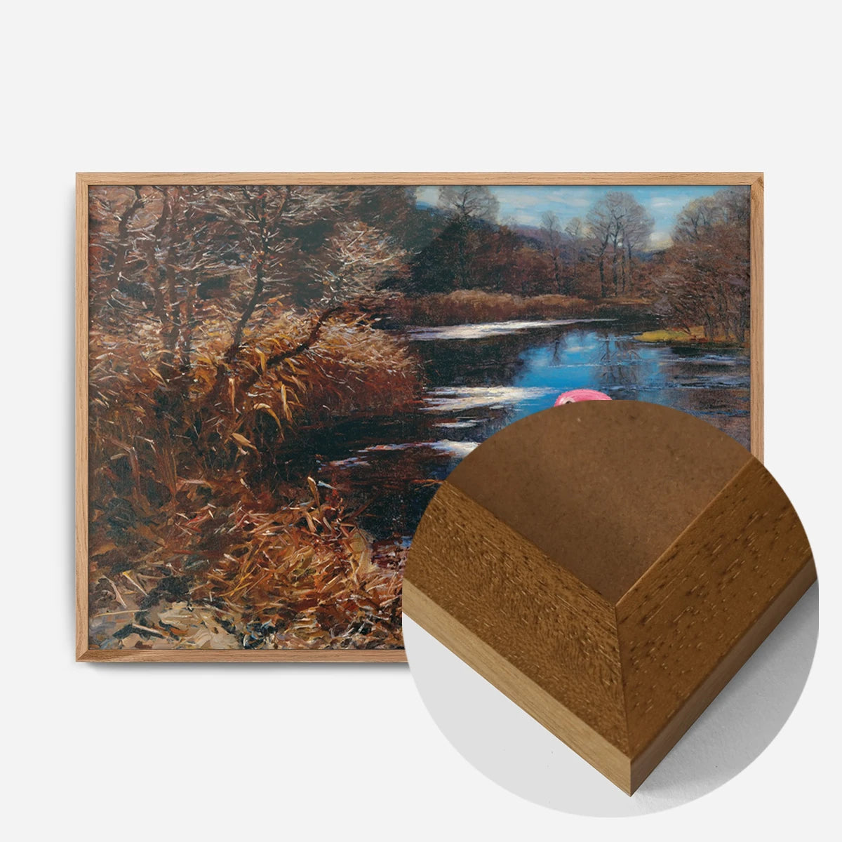 inflatable swan river landscape print in an oak wood frame, side profile
