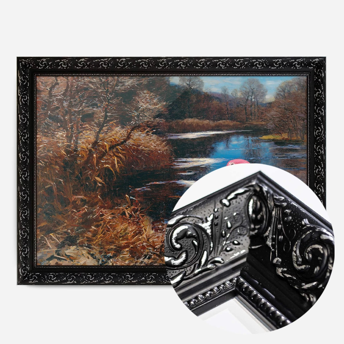 inflatable swan river landscape print in a black ornate frame, side profile
