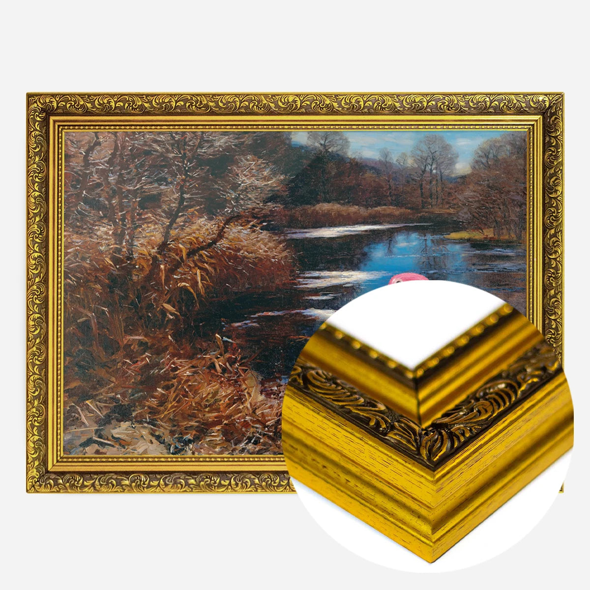 inflatable swan river landscape print in a gold ornate frame, side profile
