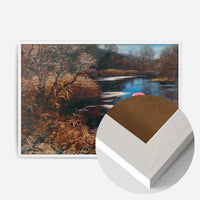 inflatable swan river landscape print in a white wood frame, side profile