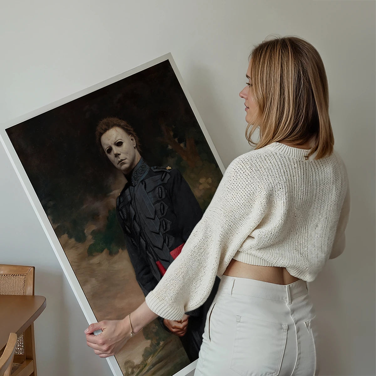 General Mike print, a masked military portrait, displayed on a living room wall