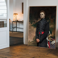 Masked general portrait print as a statement piece in a hallway