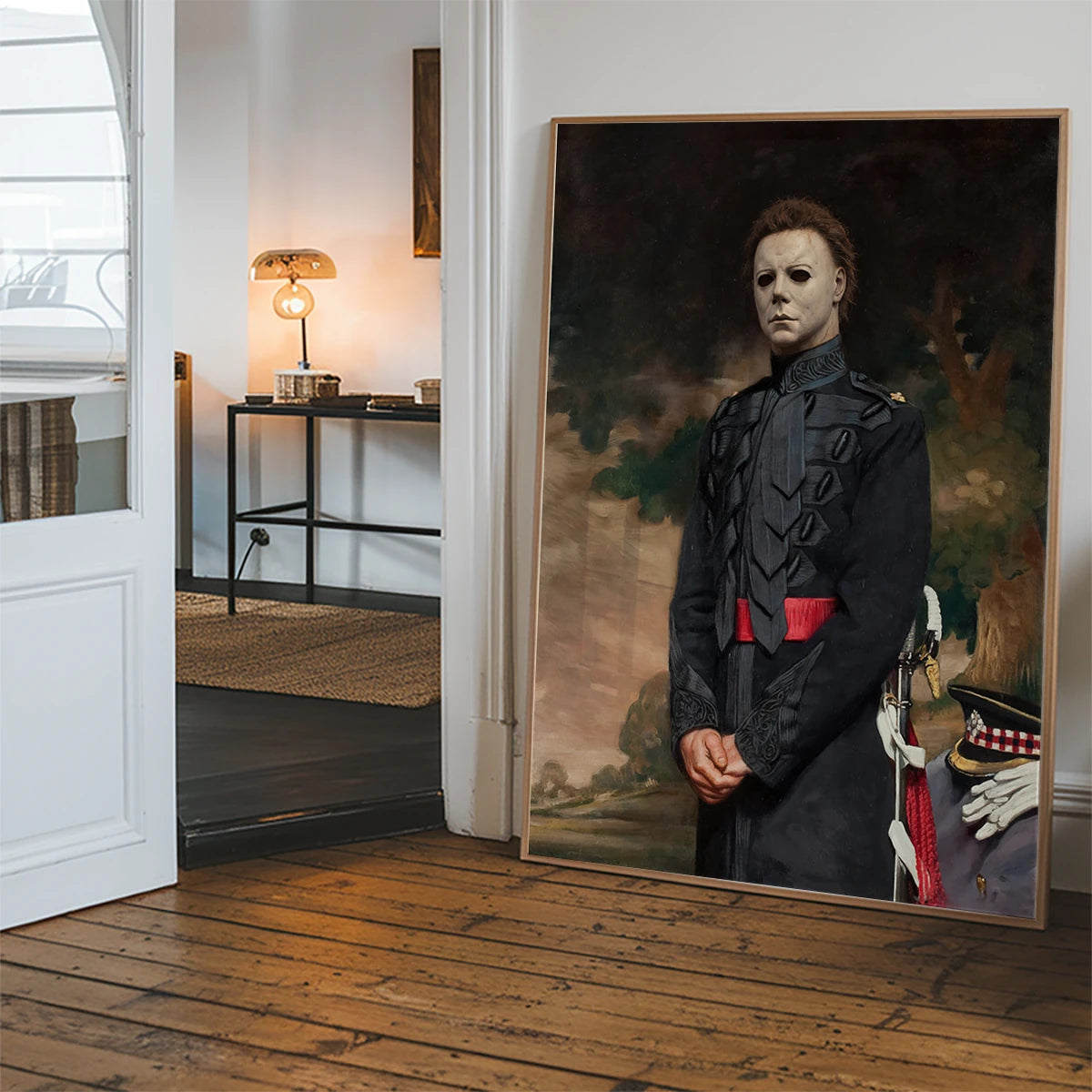 Masked general portrait print as a statement piece in a hallway