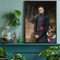 Masked general portrait print on an office wall, a striking talking point