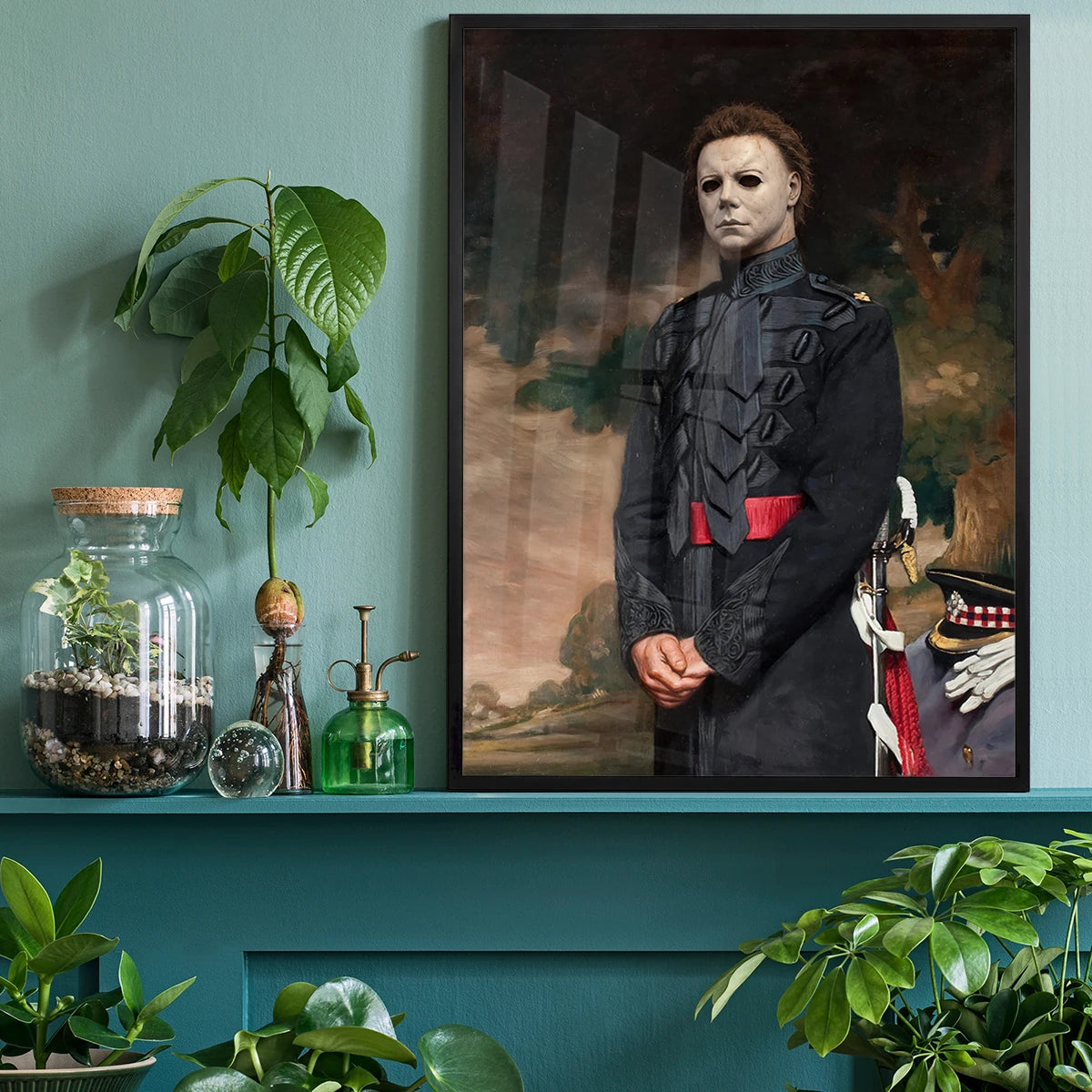 Masked general portrait print on an office wall, a striking talking point