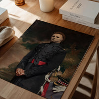 Framed masked general portrait print in a dining room