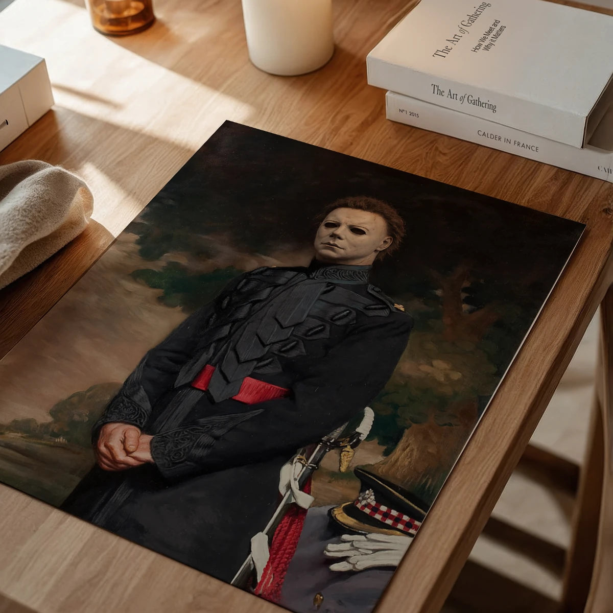 Framed masked general portrait print in a dining room