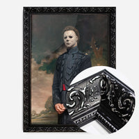 masked general portrait print in a black ornate frame, side profile