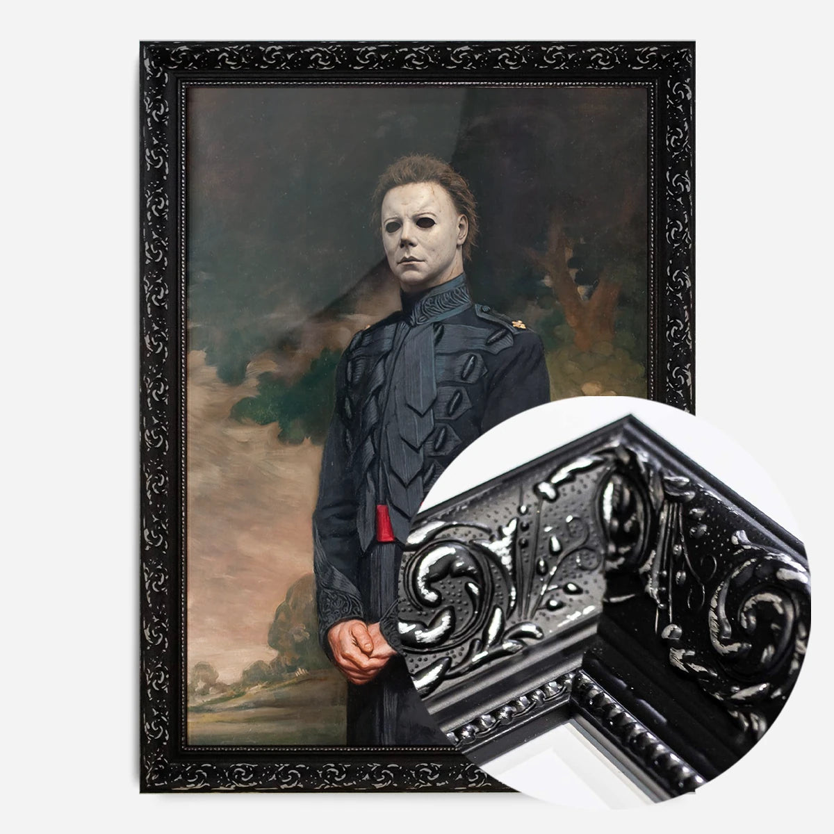 masked general portrait print in a black ornate frame, side profile