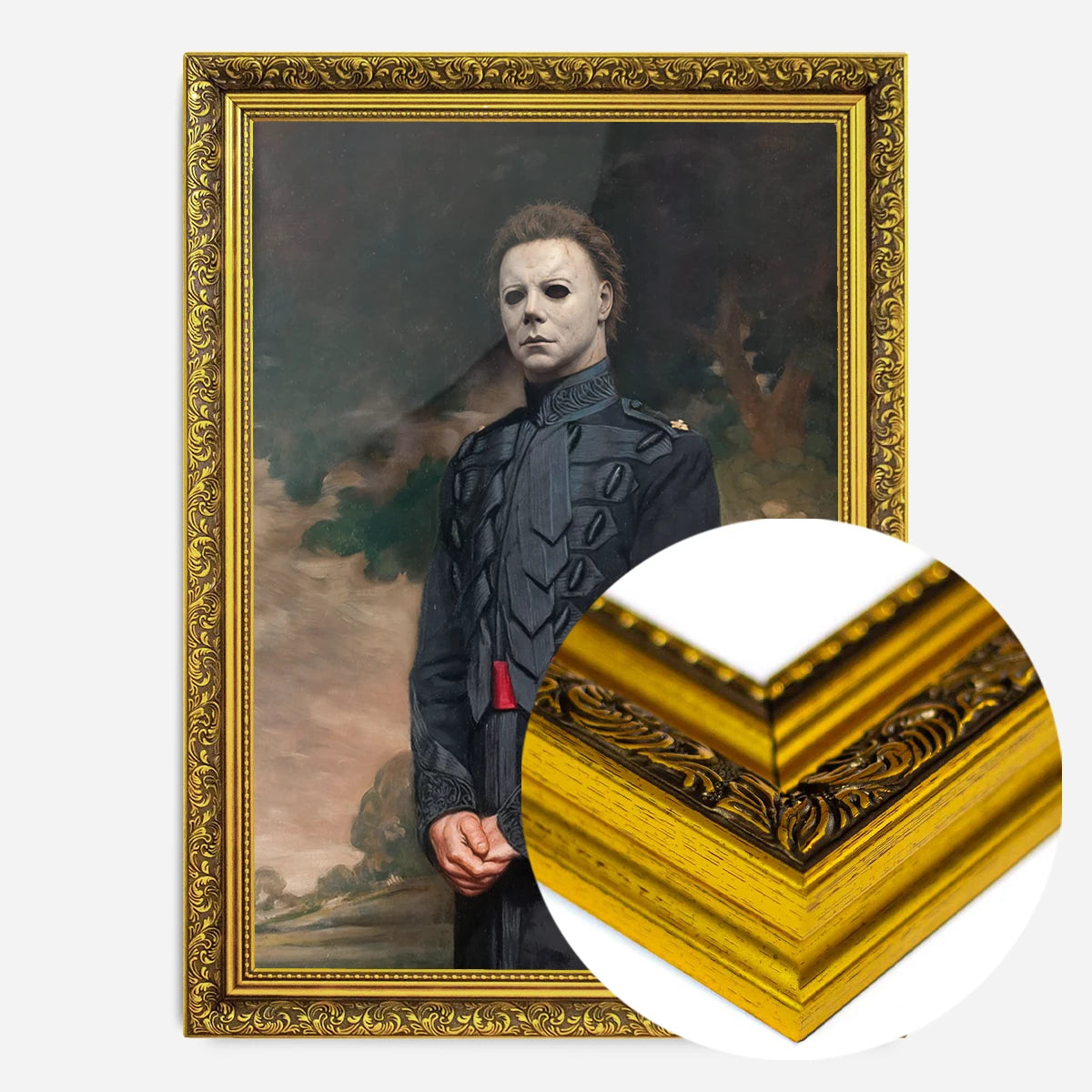 masked general portrait print in a gold ornate frame, side profile