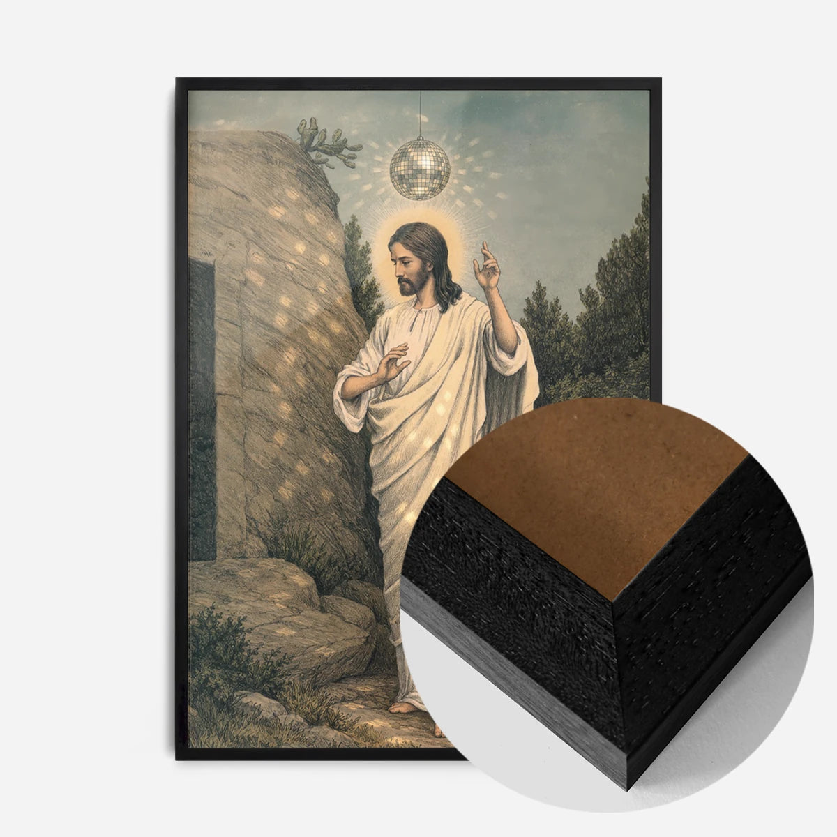 disco ball robed figure print in a black wood frame, side profile
