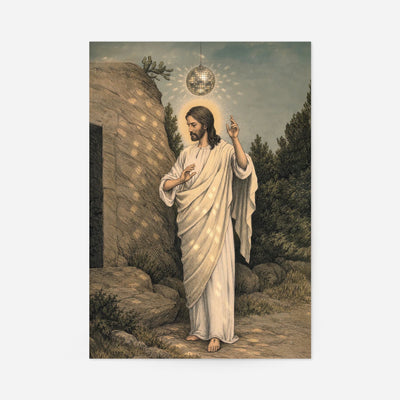 Disco Jesus print: hand-drawn robed figure beside a rocky tomb beneath a glittering mirror ball