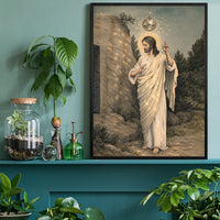 Disco Jesus print on the wall of a home office
