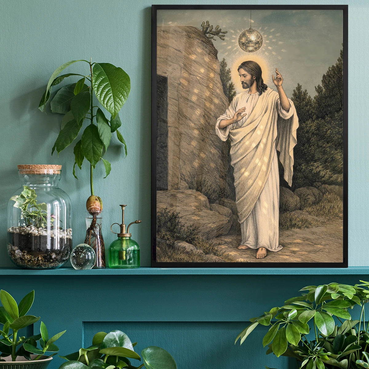 Disco Jesus print on the wall of a home office