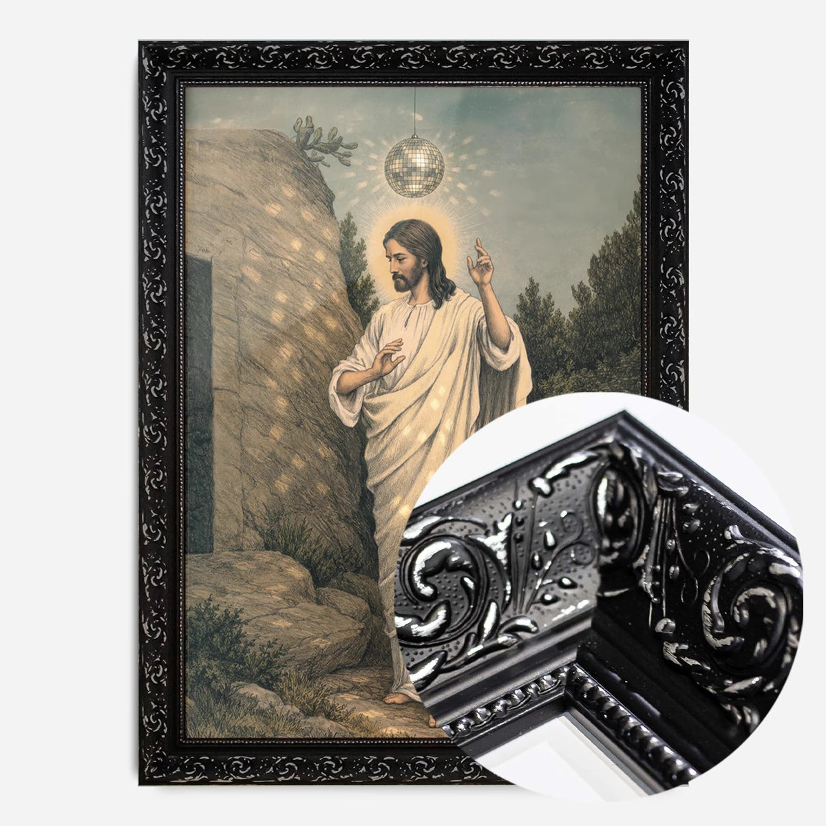 disco ball robed figure print in a black ornate frame, side profile