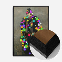 splattered soldier portrait print in a black wood frame, side profile